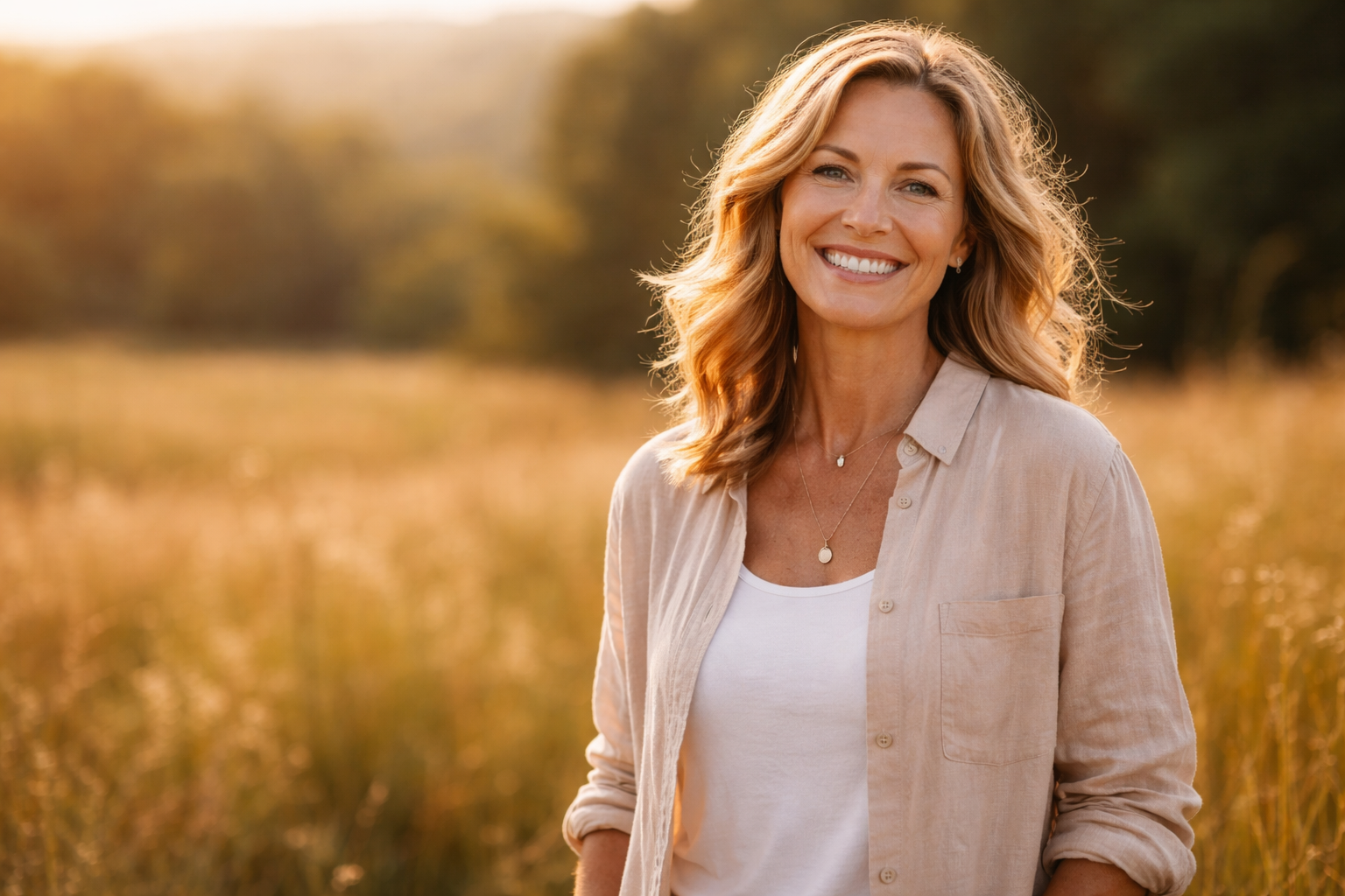 A woman enjoying a warm moment in a sunlit field